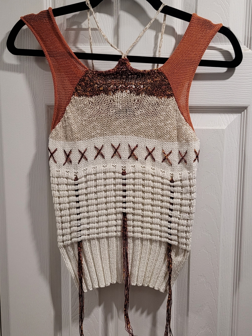 Vintage Boho Knit Multi Textured Sleeveless Sweater Tank - White & Rust Small